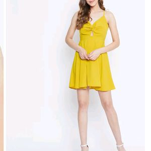 Today's Offer ₹150 Berrylush Women Solid Yellow Front Twist Knot Fit &amp; Flare Mini Dress For Women (Mustard Colour)