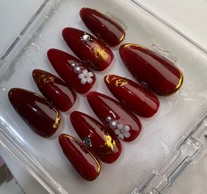 Red & Gold Press On Nail Set with Gems