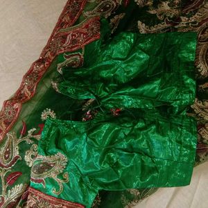 Green &amp; Red Embroidered Saree