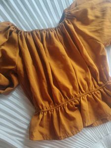 Cute Mustard Off-Shoulder Peplum Top