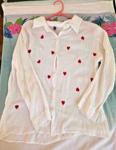 Cute White Heart Embroidery Button-Up Shirt