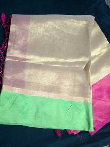 Elegant Gold Saree with Pink &amp; Green Border