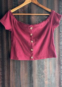 Maroon Off-Shoulder Button-Up Top