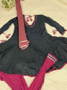 3 piece Maroon and Charcoal Kurta Set with Dupatta