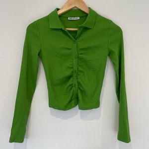 Zara Green Ruched Button-Up Top