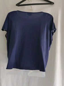 Navy Blue Lace Trim Tie-Front Top