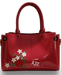Red Patent Leather Handbag with Floral Embroidery