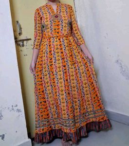 Vibrant Orange Printed Anarkali Gown