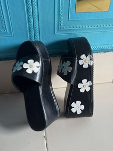Black Platform Sandals with Flower Embellishments