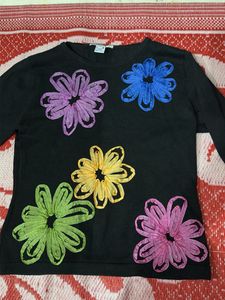 korean style Black Top with Colorful Flower