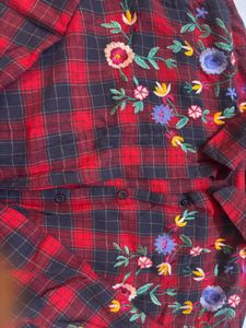 Red Plaid Embroidered Button-Up Shirt