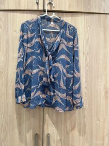 Sheer Blue Print Tie Neck Top
