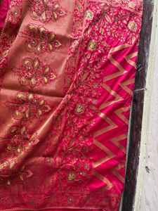 Pink Silk Saree with Golden Zigzag