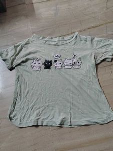 Mint Green Cute Cat Graphic Oversized T-Shirt