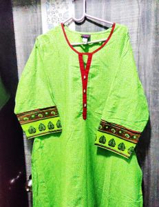 Vibrant Green Kurta with Red Neckline