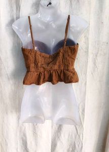 I. Brown Tie-Front Peplum Top