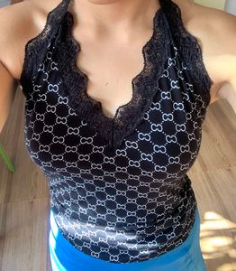 Black Lace Trim Print Halter Top
