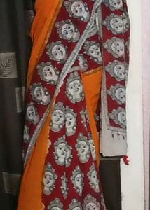 GentlyUsed UniqueKalamkariPrint Saree+Stiched