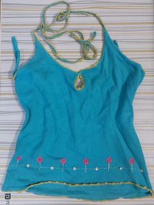 Y2K Aqua Blue Halter Top with Floral Embroidery