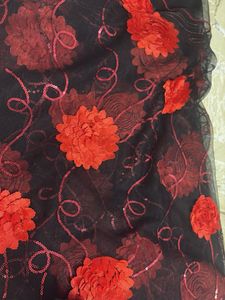 Black Net with Red Floral Sequins fabric