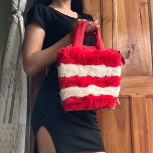 Fuzzy Red & White Striped Handbag