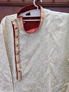 Elegant Cream and Maroon Trim kurta with pajama