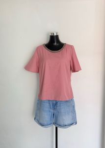 Pink Embellished Neckline Top