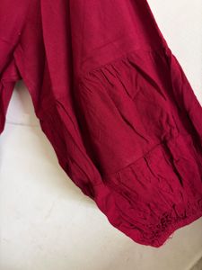 Elegant Maroon Tiered Flare Dress with Puff Sleeve