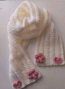 Handmade Cream Crochet Scarf with Pink Flowers
