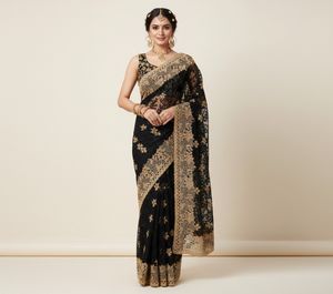 Black & Gold Zari Work Embroidered Net Saree