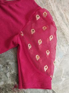 Pink Ethnic Blouse with Printed Sleeves