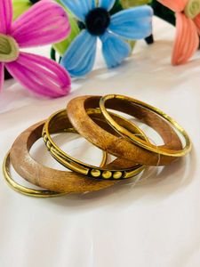 Boho Wood &amp; Gold Bangles Set