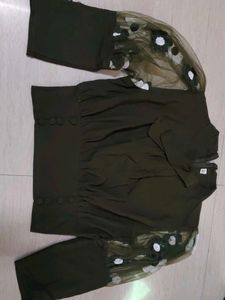Stylish Olive Green Top with Net Sleeves