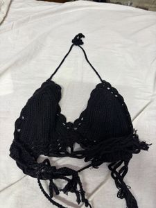 Black Crochet Halter Bikini Top
