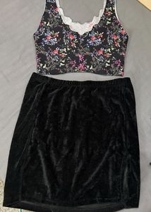 Floral Crop Top &amp; Black Velvet Skirt Set (XS Size)