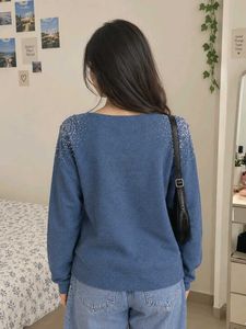 Sparkly Blue Pullover Sweater with Rose Detail