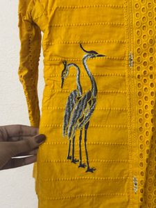 Yellow Kurta with Crane Embroidery