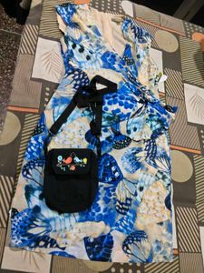 Blue Butterfly Print V-Neck Dress and bag free