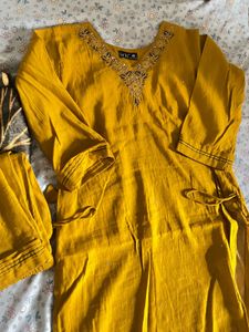Yellow Kurta Set with Embellished Neckline