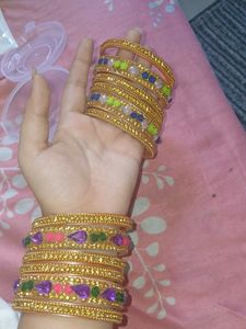 Set of 2 Golden Bangles with Colorful Stones