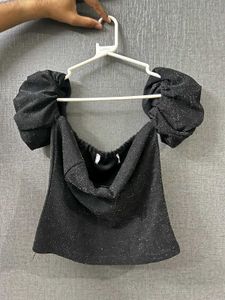 Elegant Dark Grey Sequin Puff Sleeve Top