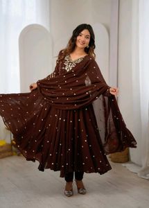 Elegant Brown Sequined Anarkali Kurta Set