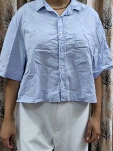 Light Blue Cropped Button-Up Shirt