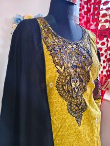 Yellow Printed Kurta Set with Black Dupatta