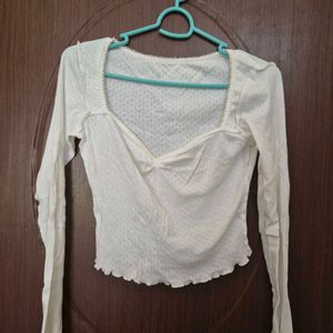 Off-White Pointelle Knit Long Sleeve Top with Lace