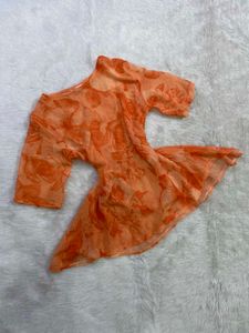 Vintage Orange Floral Sheer Mesh Top