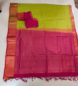 Elegant Pink & Parrot Green Soft Silk Blend Saree