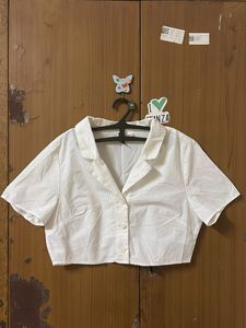 White Cropped Collared Top