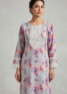 Floral Print Kurta with Lace Detailing