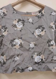 Grey Floral Bell Sleeve Crop Top